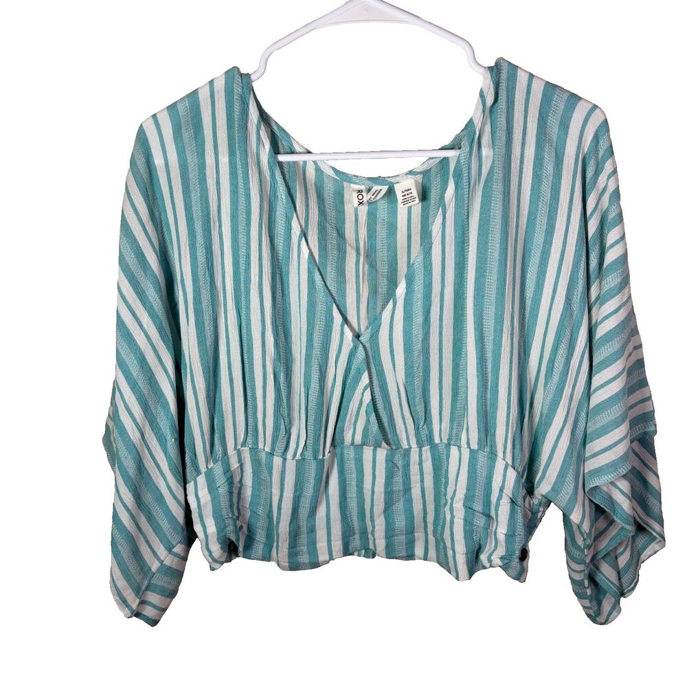 Roxy Top Women's XL Blue Striped V-Neck Cropped 3/4 Sleeve Shirt Casual